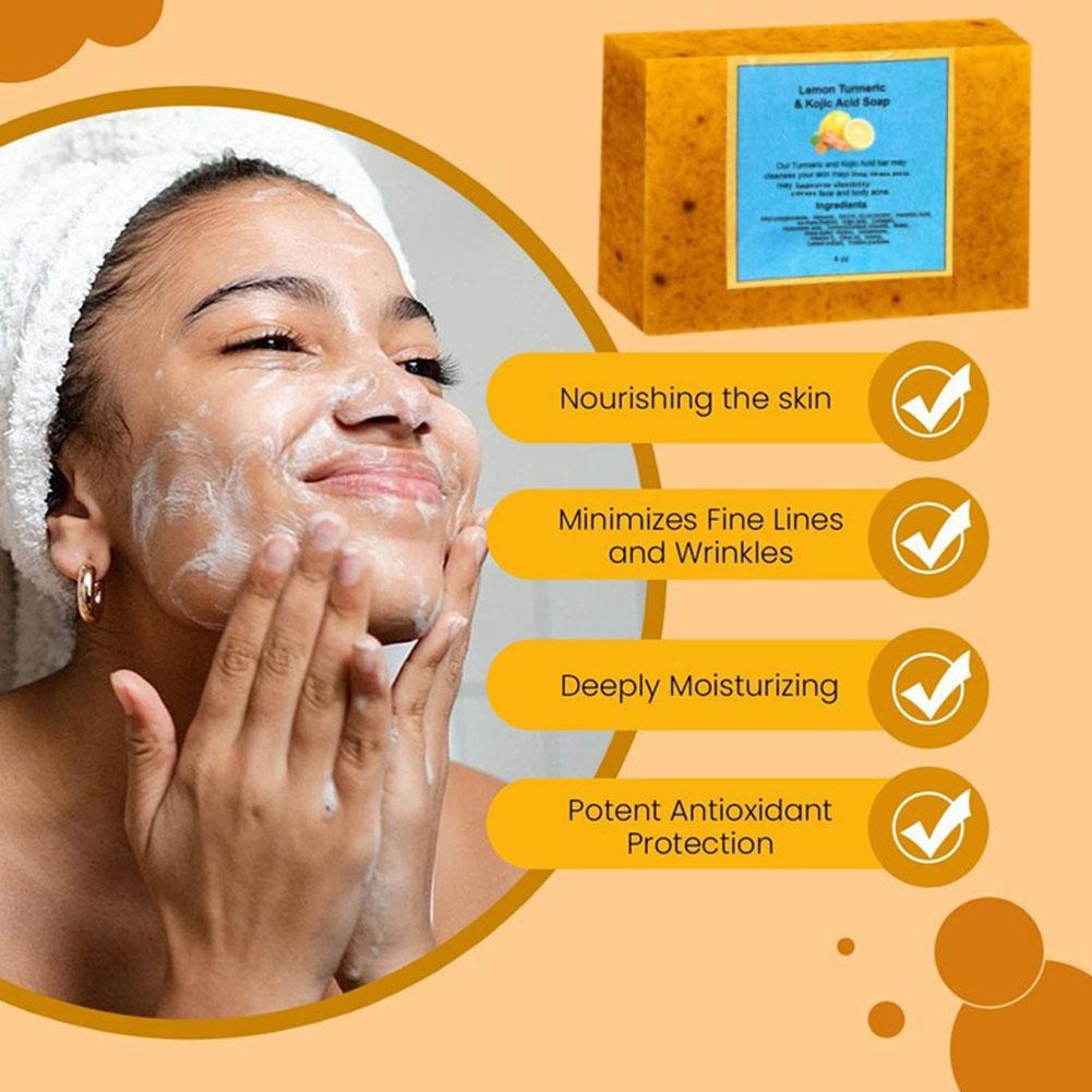 Savon fait à la main au curcuma, savon à l'acide kojique au citron, savon de douche et pour le visage, nettoyage en profondeur pour les soins de la peau du visage et du corps, 100g