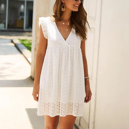Robe en dentelle ajourée sexy, col en V, manches volantes, décontractée, été 2024
