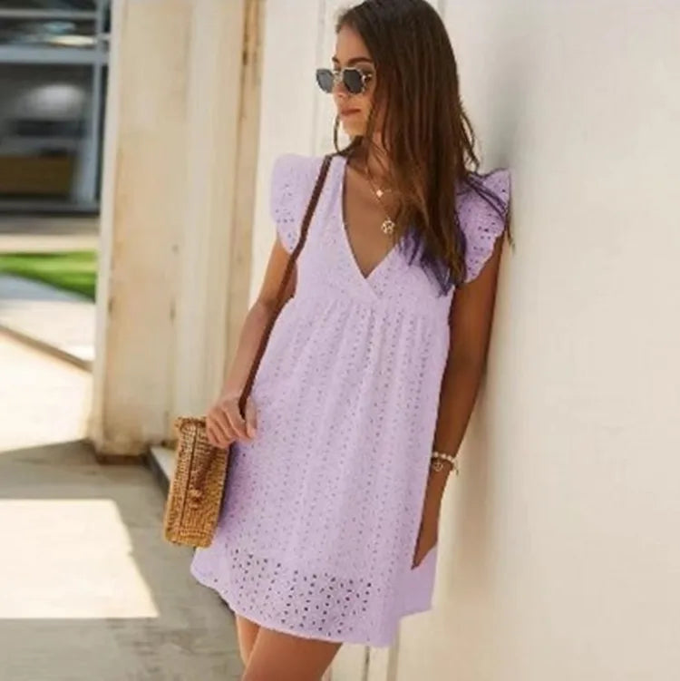 Robe en dentelle ajourée sexy, col en V, manches volantes, décontractée, été 2024