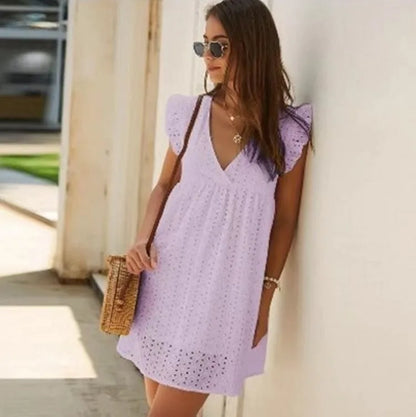 Robe en dentelle ajourée sexy, col en V, manches volantes, décontractée, été 2024