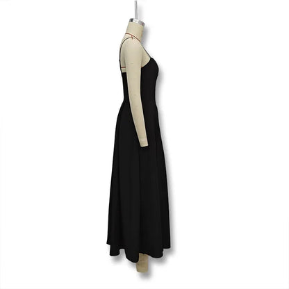 Robe Longue Noire Sexy à Col en V – Été 2024