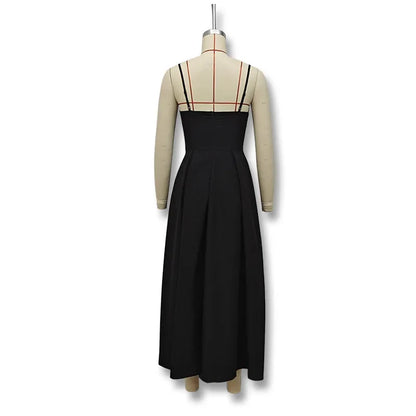 Robe Longue Noire Sexy à Col en V – Été 2024