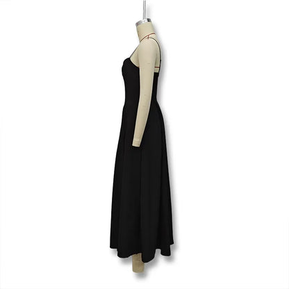 Robe Longue Noire Sexy à Col en V – Été 2024